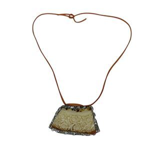 Artisan Broken China Floral Pendant Necklace Cream Silver Tone Boho